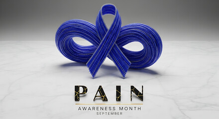 blue awareness ribbon for pain awareness month september cracked pain text chronic suffering and medical support white marble.