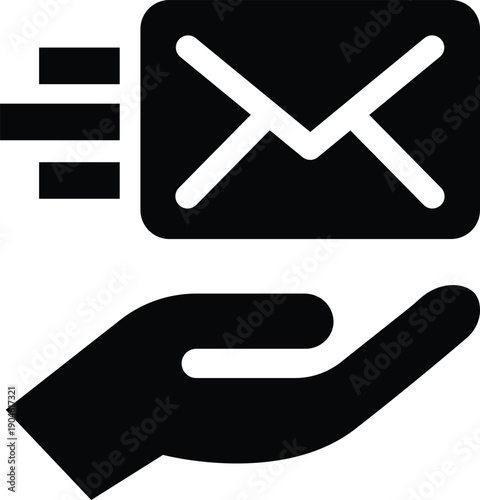 Minimalist black vector icon illustrating a hand receiving a fast-moving envelope, symbolizing instant email delivery, rapid service, and digital communication speed.