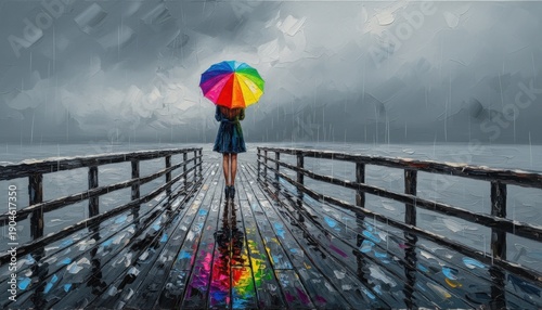 Woman holding a rainbow umbrella standing on a pier in the rain  