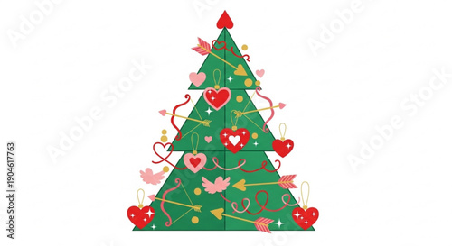 Stylized Christmas Tree with Heart Ornaments and Romantic Decorations, Vector Illustration