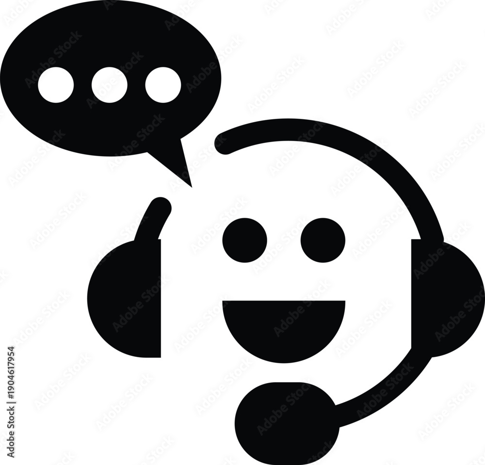Fototapeta premium Smiling call center agent icon wearing a professional headset with a chat bubble, symbolizing friendly online technical support and helpdesk communication.