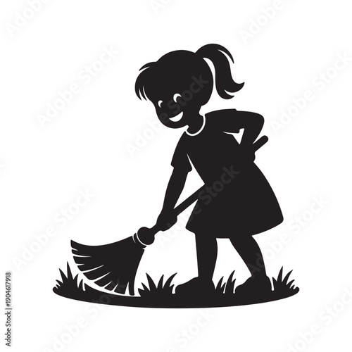 Young girl actively cleaning, wearing gloves, isolated on white background, vector illustration for chores or hygiene themes