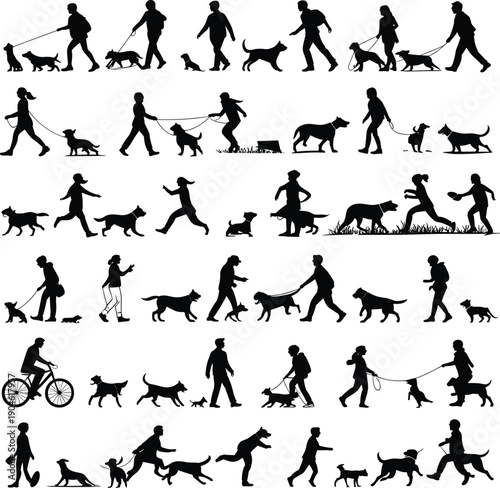 Black silhouettes of people walking dogs in various poses and actions dog owners pet owners
