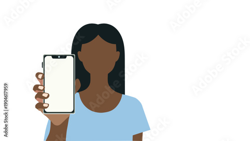 African dark skin woman flat design vector character showing an empty mock up smartphone screen banner vector illustration isolated on white background