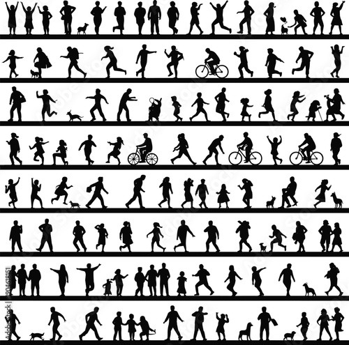 Black silhouettes of people walking running and playing on white background