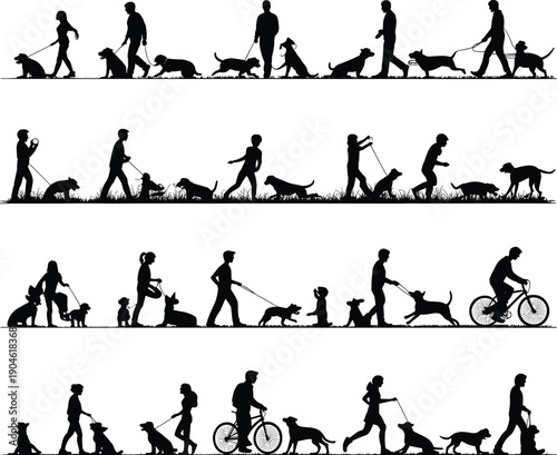 Black silhouettes of people walking dogs in various poses on leashes
