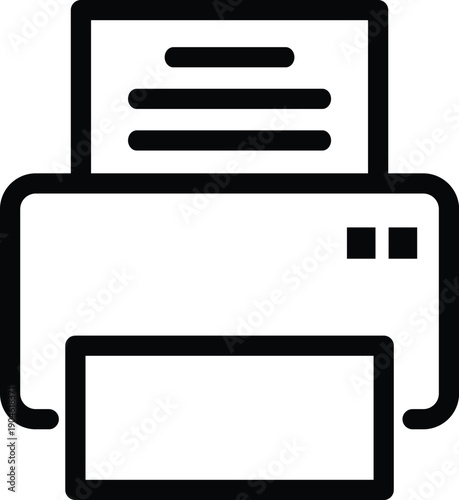 Minimalist black outline vector icon of a document printer, symbolizing the action of printing, copying, and generating hardcopy output for modern user interface design.