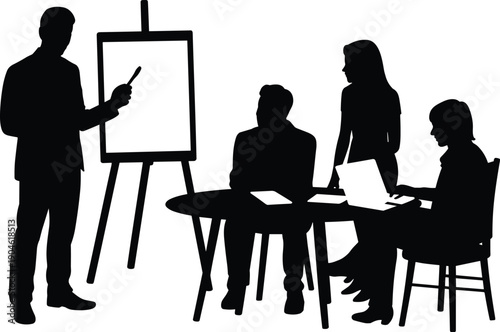 Business meeting with people around a table and a man pointing at a whiteboard