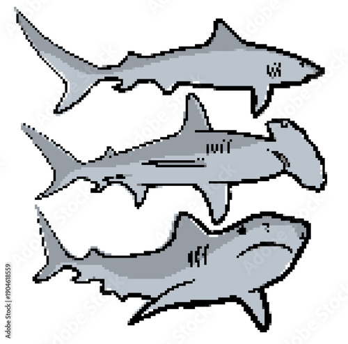 The set of pixel blue sharks.