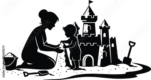 Silhouette of mother and child building a detailed sandcastle with bucket and shovel on the beach shore in playful interaction and gentle bonding moment