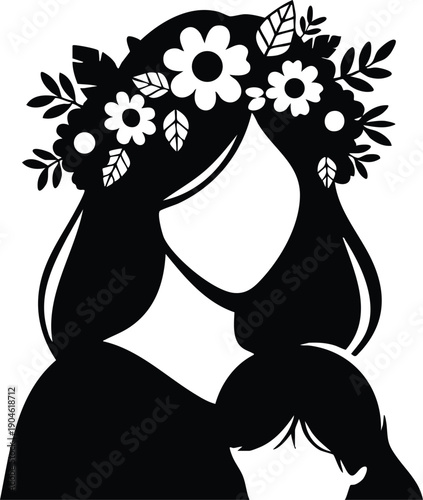 Elegant black silhouette of woman wearing floral crown with child close to her chest simple minimalist vector art design on white background