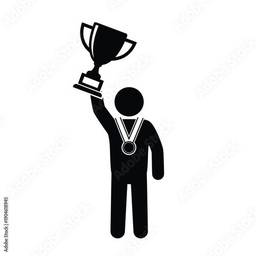 Vector illustration icon a black silhouette of a person holding up a trophy cup and wearing a medal around their neck