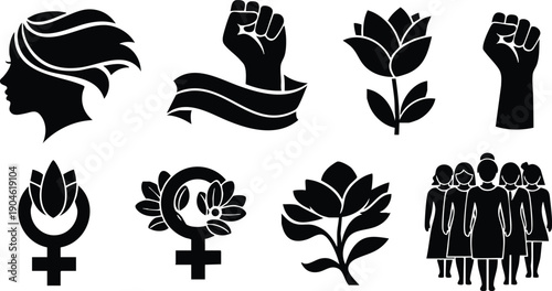Bold black feminist icon set showing female profile with hair raised fist with ribbon lotus flower female sign group of women standing in solidarity vector art
