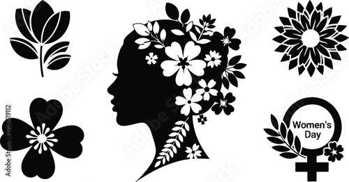 Silhouette of woman head with floral crown and womens day symbol with flowers and leaves black vector art illustration set