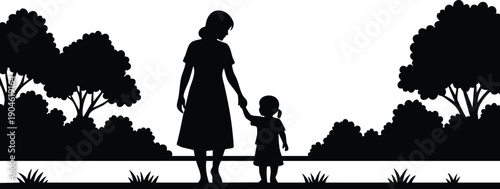 Silhouette mother holding toddler daughter hand walking outdoor park flat design vector art with trees bushes grass nature elements peaceful scene