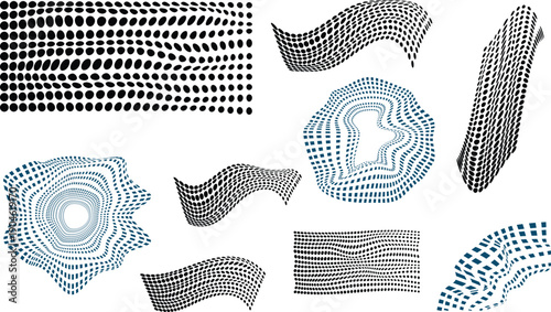Dotted shape. Abstract halftone dot pattern with wavy half tone gradient shapes, dotted texture curves and smooth dot wave elements on white background. Vector set