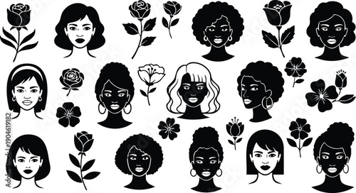 Flat vector art close of diverse female faces and rose floral icons with various hairstyles looking at camera in black silhouette wearing earrings smiling headshot frontal