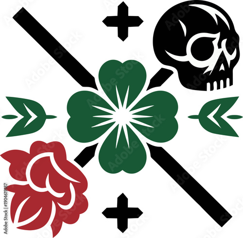 Skull Clover Rose Tattoo Embl...