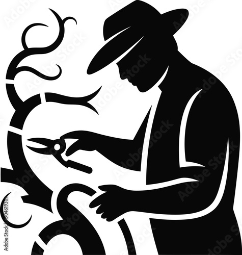 Gardener Pruning Tree with Shears in Agriculture Nature Farming Plant Silhouette Work