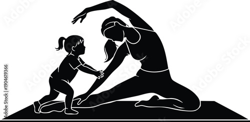Silhouette of woman stretching arm over head on yoga mat while toddler girl touches her back in simple black and white vector art illustration of family fitness exercise training