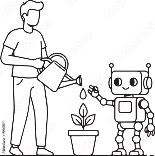 Human and robot collaboratively nurturing a plant, illustrating technological assistance