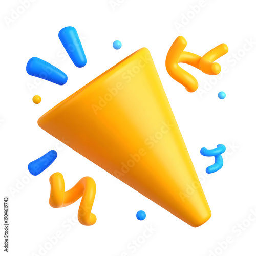 3D rendered yellow party horn with blue and yellow celebratory confetti