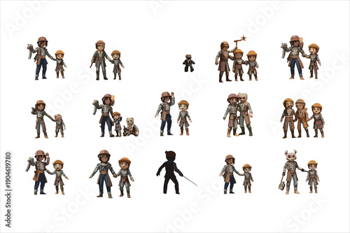 Collection of 3D rendered medieval figures in various poses and actions for game development purposes