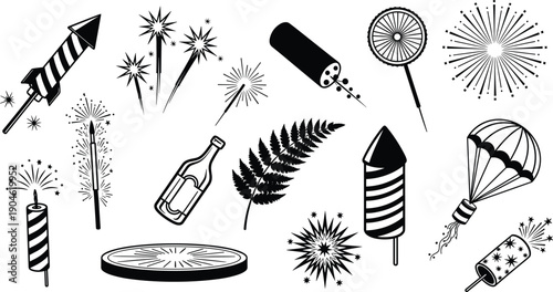 Black and white fireworks and celebration icons set featuring rockets, sparklers, explosions, and festive elements in detailed vector illustration style