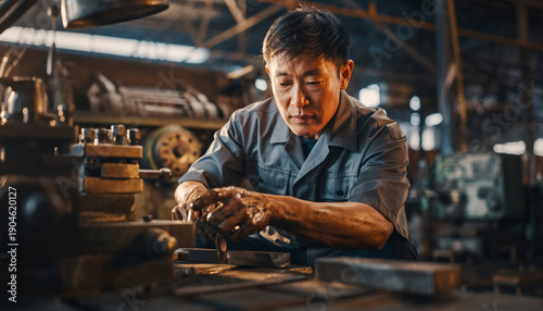 金属部品を加工するベテラン職人の作業風景 工場の熟練技術
