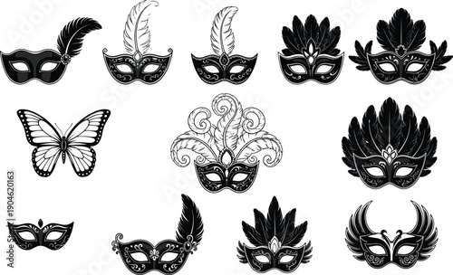Elegant masquerade carnival masks illustration set featuring feathered venetian party masks butterfly and decorative fantasy designs in black white vector style