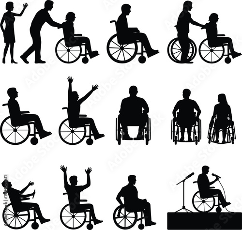 Silhouettes of people in wheelchairs and assisting individuals disabled assistance