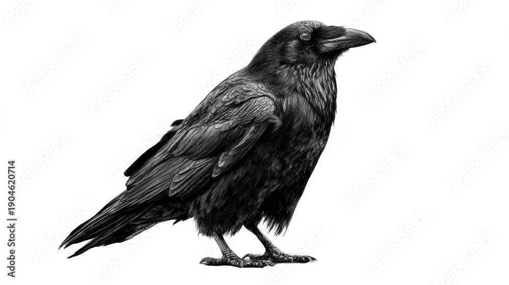 Fototapeta premium Detailed 3D Rendered Black Raven Bird Representing Mystery, Intelligence, Dark Symbolism, Fantasy, Gothic Themes, Nature, Birds of Prey, and Spiritual Imagery in Wildlife Design