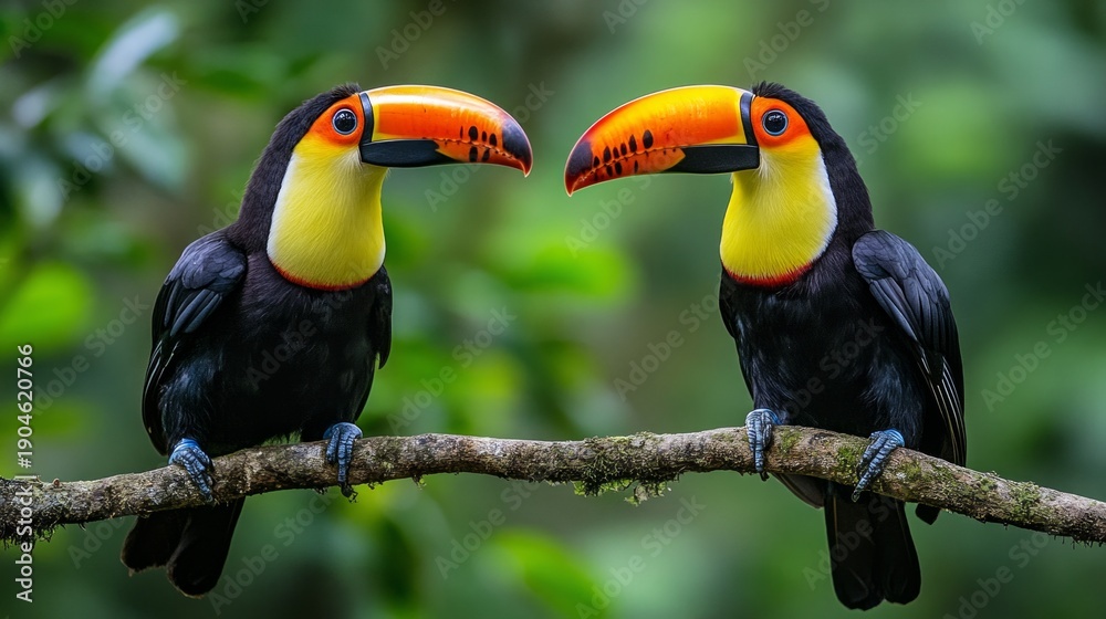 Obraz premium Two bright toucans on a branch in a tropical forest showcase the beauty of nature, making them the perfect natural backdrop for environmental initiatives or tourist brochures.