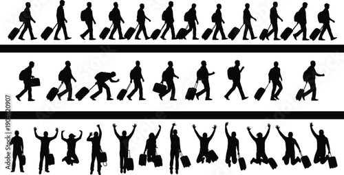 Silhouette collection of travelers walking with suitcases and backpacks, including people jumping for joy and celebrating arrival, perfect for travel, vacation, and tourism industry concepts.