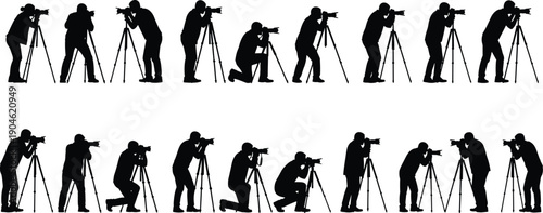 Silhouette collection of professional photographers using cameras on tripods in various standing and kneeling poses, ideal for media industry layouts, event coverage, and journalism themes.