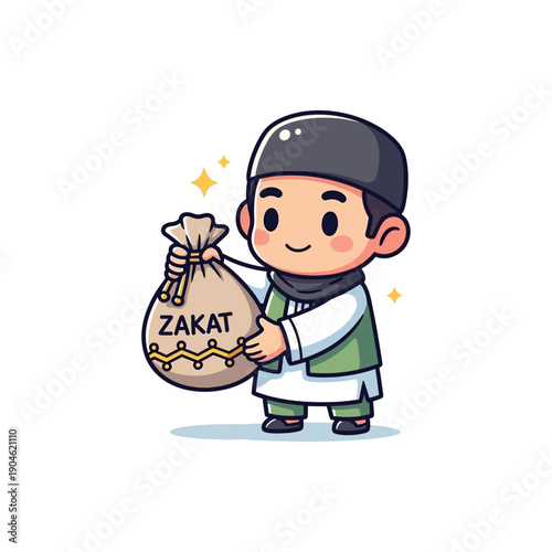 A cute cartoon Muslim boy happily holding a sack labeled Zakat, representing Islamic charity and giving.