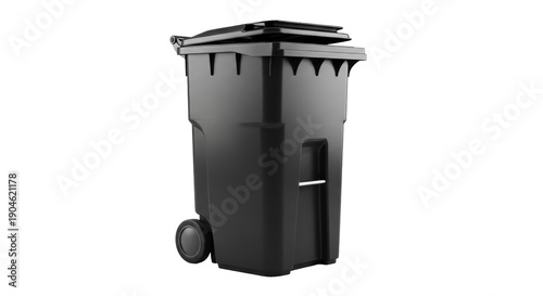 Black plastic garbage can PNG isolated on transparent background, wheeled trash container for waste management and recycling