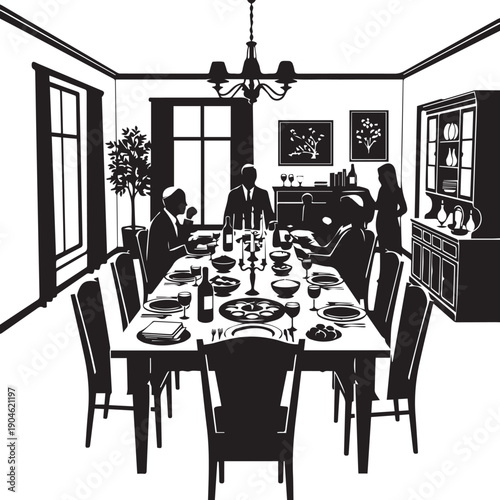 Formal dinner party illustration, vector silhouette of family around table, elegant interior scene