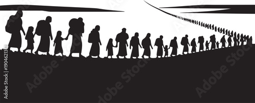 People exodus silhouette vector illustration long line refugees walking across land