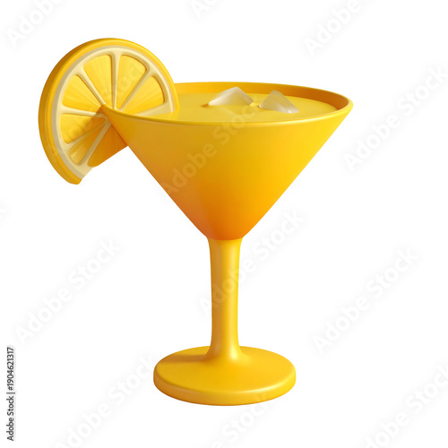 Rendered cocktail with lemon wedge and ice cubes in a stylized, brightly colored glass