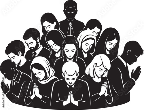 Praying people vector illustration showing diverse group with heads bowed in worship and meditation