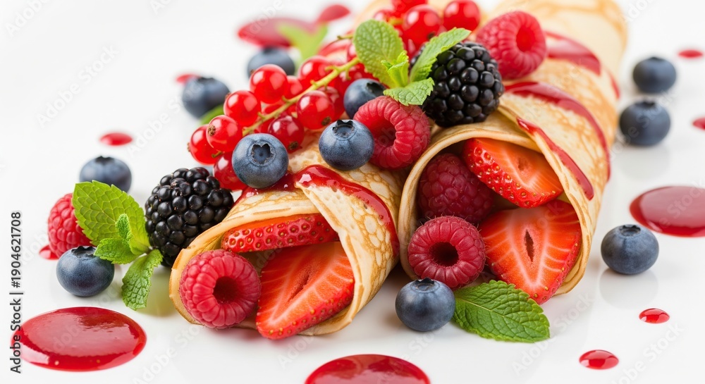 Obraz premium Delicious crepes with fresh berries and syrup on white plate
