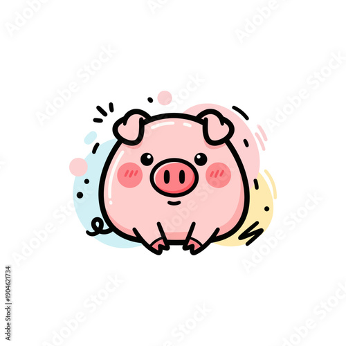 A cute cartoon pink pig with rosy cheeks and a happy expression, surrounded by colorful abstract shapes.