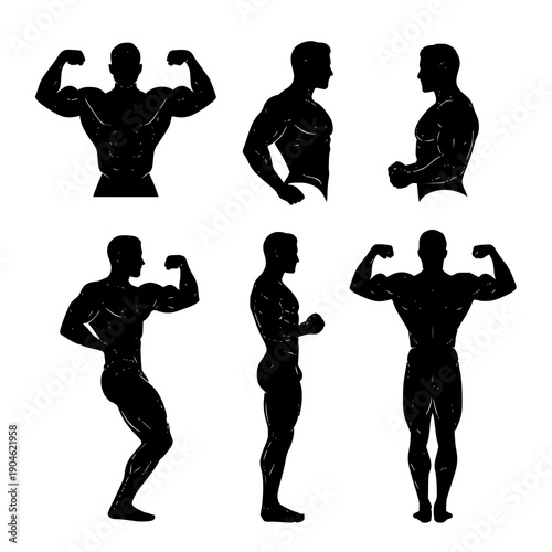 Bodybuilder silhouette pose vector illustration set