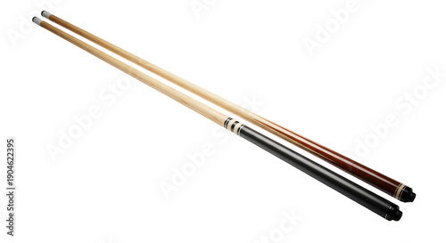 Fotografija Two pool cues isolated PNG on transparent background, billiards equipment for ga