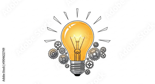 Vector Light Bulb with Glowing Filament and Mechanical Gears, Eureka Concept