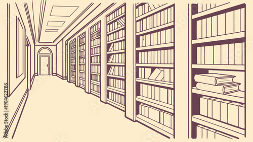 A minimalist line art illustration of a long library hallway with tall bookshelves and a door at the end.