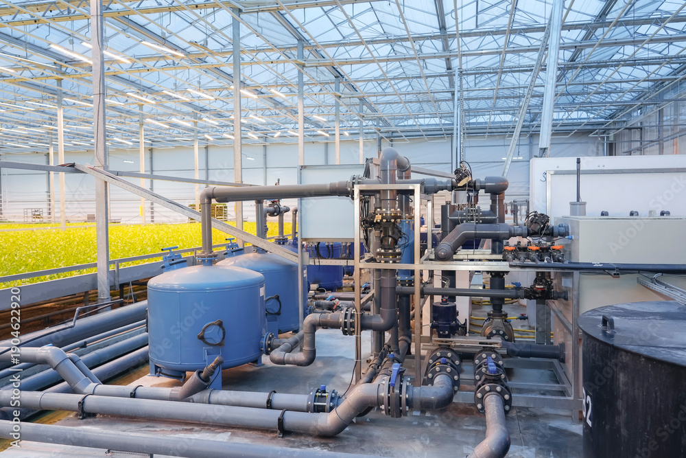 Fototapeta premium An extensive system of industrial pipes, pumps, and water treatment tanks supports hydroponic plant growth within a vast, glass-roofed commercial greenhouse during daylight hours.