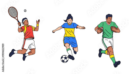 Illustration of Diverse Athletes Playing Tennis, Soccer, and Rugby