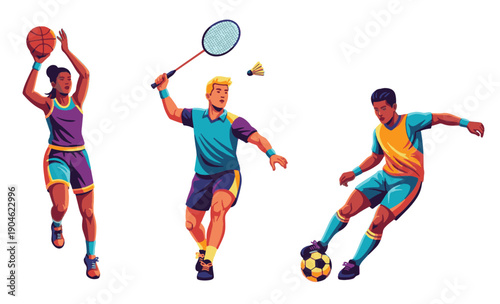 Dynamic athletes playing basketball, badminton, and soccer in vibrant vector art